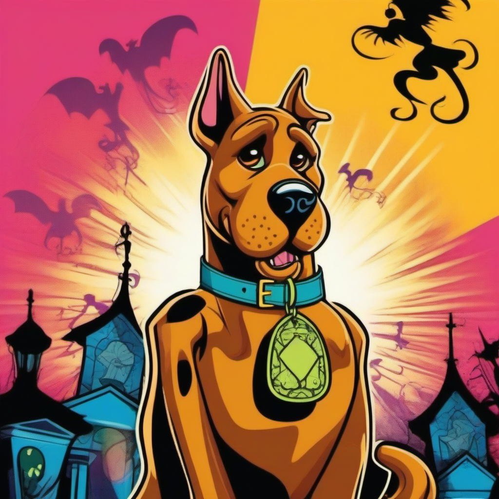 Pop Art style a dog with a collar scared in haunted mansion <lora:ScoobyDoo1024:0.8> . Bright colors, bold outlines, popular culture themes, ironic or kitsch