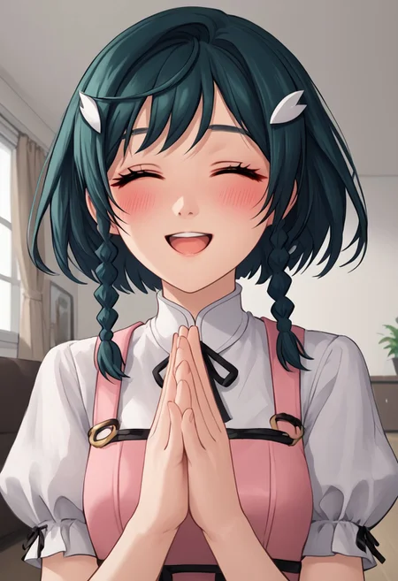 score_4,score_5,score_6,score_7_up,score_8_up,score_9
((masterpiece,best quality,ultra detailed,highres,HD,4k:1.2)),
1 cute girl,
upper body,1girl, solo, medium hair, dark green hair, braids, two braids, yellow eyes, pink top, ribbon on clothes,white pants skirt, pantyhose, black footwear, boots, white shirt, short sleeves, puffy sleeves, hair ornament,
room, living room, open mouth,closed eyes, blush, happy, smile, put your hands together,