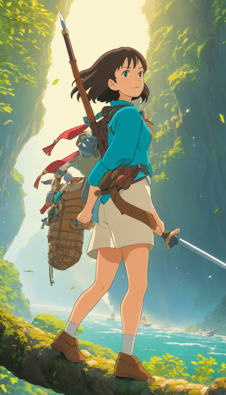 Stunning female adventurer, adventure, extremely beautiful piercing eyes, cinematic scene, hero view, action pose, scenery, detailed background, masterpiece, best quality, high quality, intricate, absurdres, very detailed, extremely high resolution, 8k, vivid, colorful, Studio Ghibli <lora:studio_ghibli_xl_v1:1>