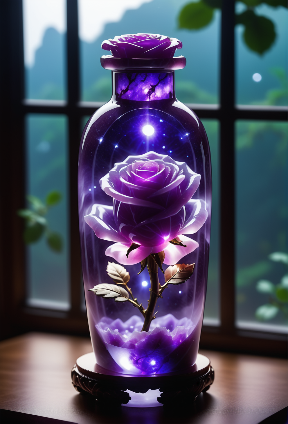 a rose made out of reij-prplmnjd <lora:purplemoonjade-000004:1>,, surrounded by stardust, standing in a bottle in front of a window
