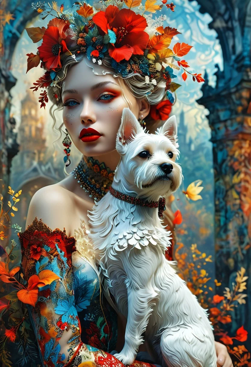 A captivating 3D render presents a mesmerizing double exposure masterpiece, artfully combining conceptual, graffiti, and poster styles. The alluring subject is a sultry boho female fatale, boasting striking red lips and dressed in a patterned gown, while cradling a charming West Highland White Terrier dog. The enchanting background features vibrant fairy tale elements, such as swirling trees, opulent castles, and mysterious creatures, all brought to life with the artist's skillful touch. Oil splashes add an element of chaos and contrast, resulting in a mesmerizing blend of order and disorder. This extraordinary artwork, a true showcase of the artist's versatility and creativity, is sure to captivate viewers with its imaginative and visually stunning composition.