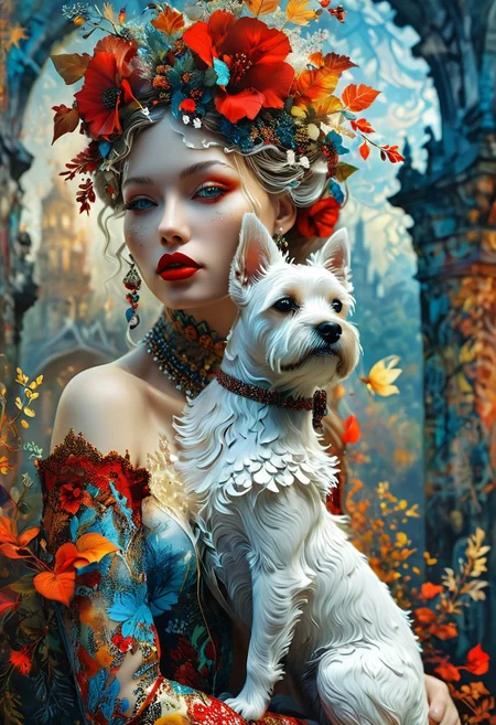 A captivating 3D render presents a mesmerizing double exposure masterpiece, artfully combining conceptual, graffiti, and poster styles. The alluring subject is a sultry boho female fatale, boasting striking red lips and dressed in a patterned gown, while cradling a charming West Highland White Terrier dog. The enchanting background features vibrant fairy tale elements, such as swirling trees, opulent castles, and mysterious creatures, all brought to life with the artist's skillful touch. Oil splashes add an element of chaos and contrast, resulting in a mesmerizing blend of order and disorder. This extraordinary artwork, a true showcase of the artist's versatility and creativity, is sure to captivate viewers with its imaginative and visually stunning composition.