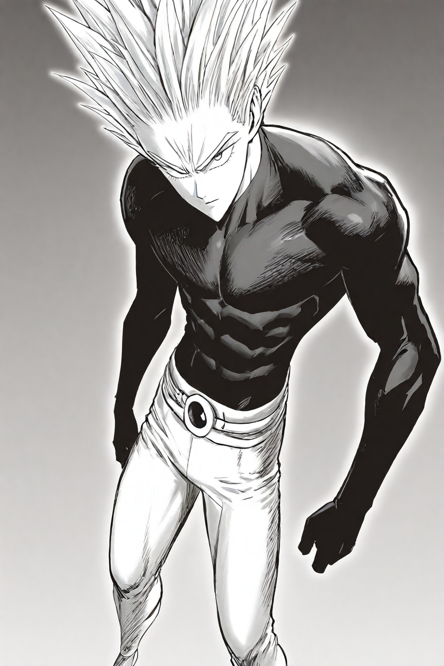 garou (one-punch man), garou, white hair, spiked hair, black bodysuit, white pants, 1boy, solo, alone, <lora:yusuke_murata_style_illustriousXL:1>, yusuke_murata_style, masterpiece, highres, monochrome, greyscale