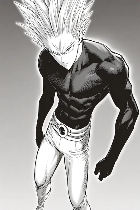 garou (one-punch man), garou, white hair, spiked hair, black bodysuit, white pants, 1boy, solo, alone, <lora:yusuke_murata_style_illustriousXL:1>, yusuke_murata_style, masterpiece, highres, monochrome, greyscale