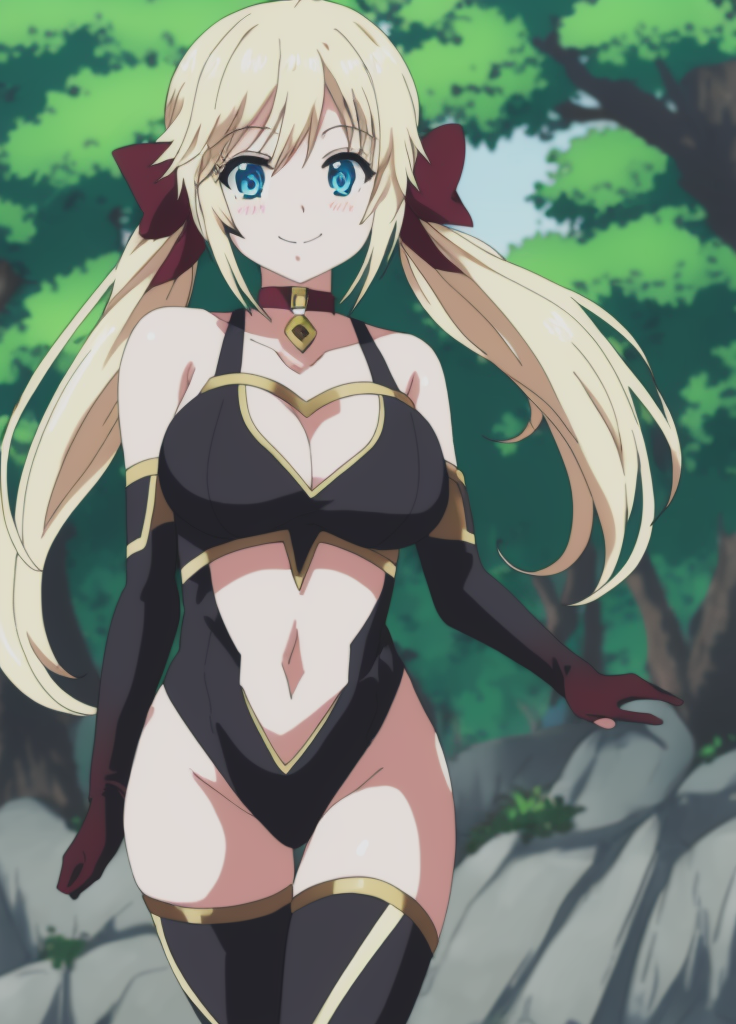 <lora:Yuna_Yunis:1> Yuna_Yunis, 1girl, breasts, solo, blue eyes, blonde hair, large breasts, smile, long hair, cleavage, looking at viewer, hair bow, bow, outdoors, tree, twintails,  cleavage, black choker, collarbone, sexy black one-piece swimsuit, ((navel cutout)), black thighhighs, black elbow gloves,