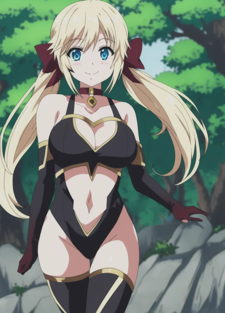 <lora:Yuna_Yunis:1> Yuna_Yunis, 1girl, breasts, solo, blue eyes, blonde hair, large breasts, smile, long hair, cleavage, looking at viewer, hair bow, bow, outdoors, tree, twintails,  cleavage, black choker, collarbone, sexy black one-piece swimsuit, ((navel cutout)), black thighhighs, black elbow gloves,
