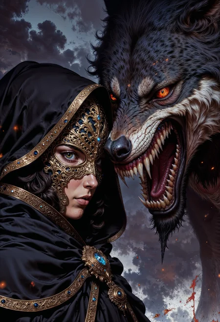 a highly detailed digital artwork depicting a fierce, fantasy scene. The image centers on a young woman with pale skin and striking red eyes, partially obscured by a black, intricate mask that covers her lower face. Her hair is dark and wavy, peeking out from under a hooded, tattered black cloak adorned with gold accents and a fur trim. She is positioned slightly to the left, looking intensely towards the right side of the image.
Next to her, on the right side of the frame, is a menacing, anthropomorphic wolf with a muscular build and sharp, bared teeth. The wolf's fur is predominantly black with white patches, and its eyes glow an eerie red, matching the woman's eyes. The wolf's mouth is open wide, as if roaring, and its expression is aggressive.
The background is a stormy, dark sky with heavy clouds and scattered, bright red splatters that add to the chaotic, intense atmosphere. The artwork is highly detailed, with a focus on textures, such as the roughness of the cloak and the fur of the wolf. The composition is dynamic, with the characters positioned closely, emphasizing their connection and the tension between them. The camera angle is slightly low, enhancing the imposing presence of both the woman and the wolf.
<lora:FluxMythV2:0.6> <lora:ck-painterly-fantasy:0.6> <lora:flux.1_lora_flyway_Epic-detail_v2:0.5> <lora:RetroAnimeFluxV1:0.7>