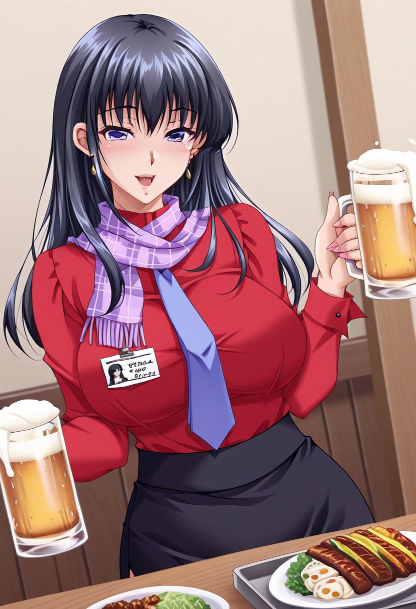 masterpiece, best quality, newest, highres, uncensored, 1girl,Suou Yuki,Black hair, Long hair,cyan eyes,large breasts,earrings,sexy red shirt,1girl, beer, alcohol, food, long hair,smile, cup, mug, scarf, necktie, :d, holding, indoors, name tag, beer mug