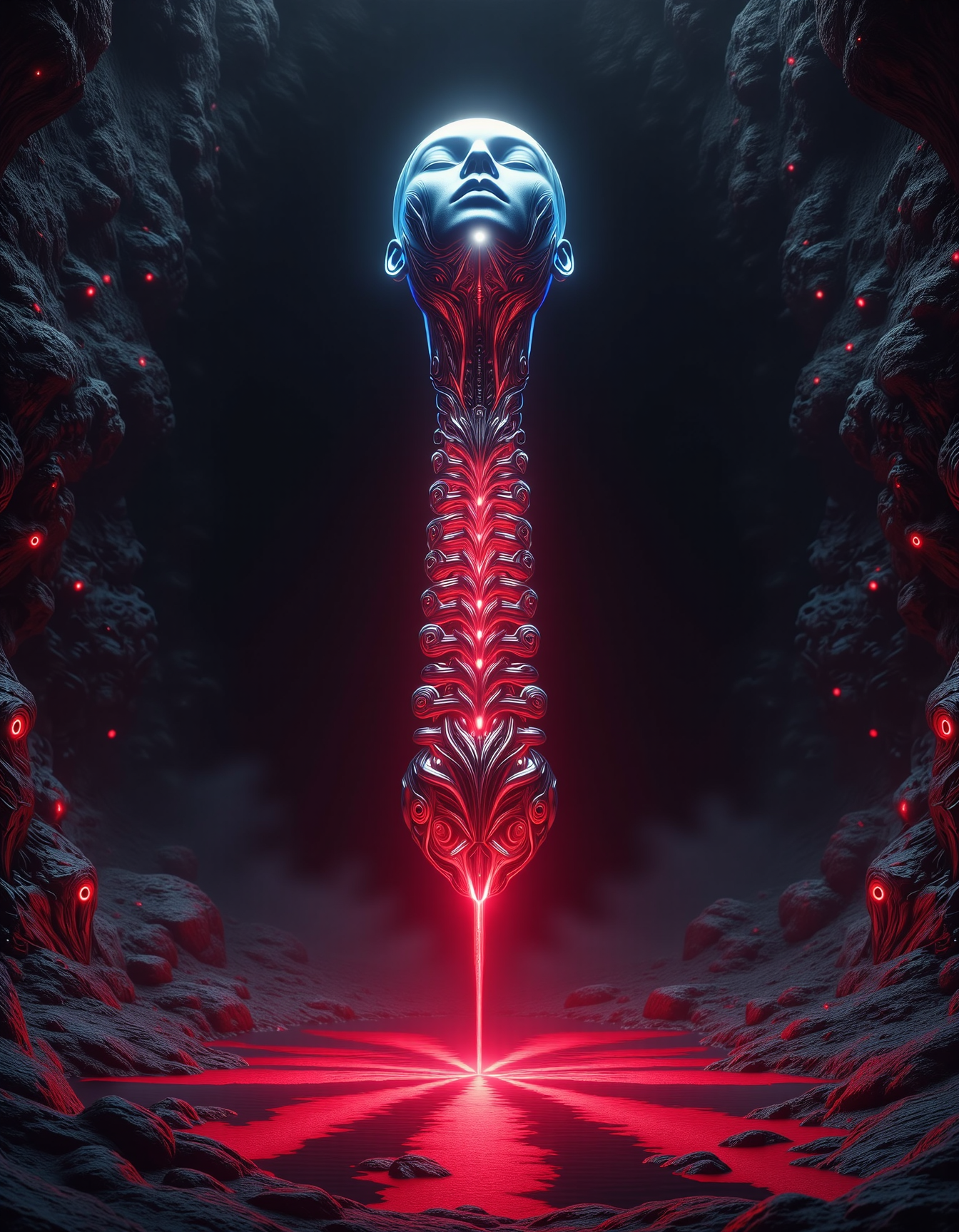 a floating head with its eyes closed attached to an isolated cybernetic spine hovering above a ritual altar in a dark cave. a red glowing neon fluid flows through the spine layers into multiple pipes that flow to the floor, the walls have eyes  <lora:Dever_Flux_Enhancer:0.5>  <lora:dvr-transformers-flux:1>