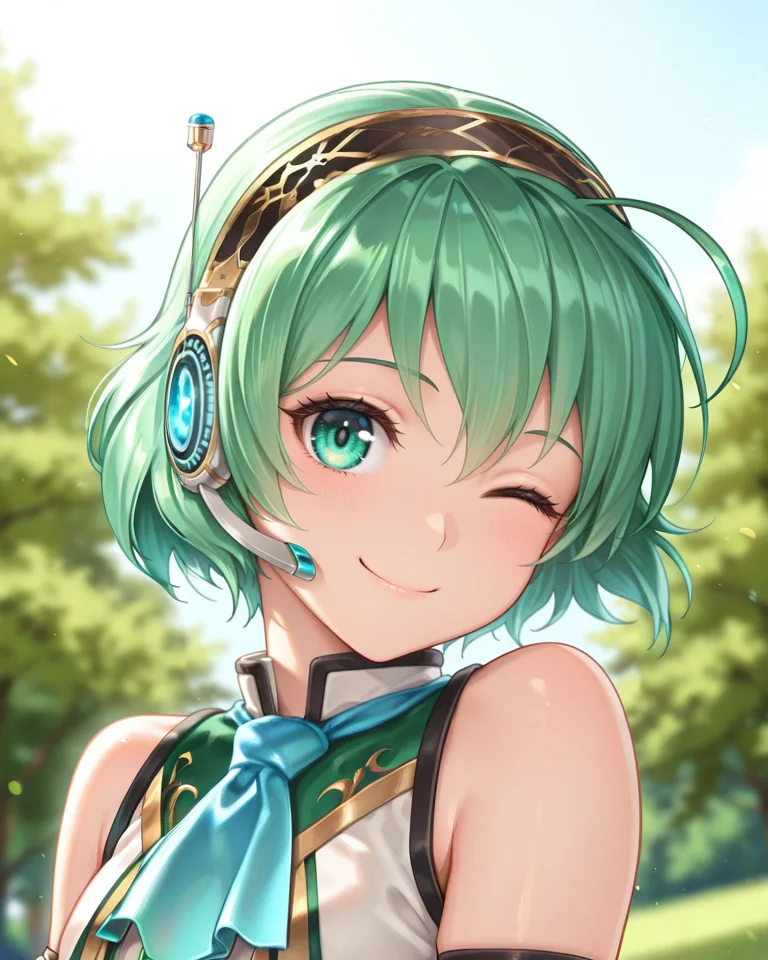 masterpiece, best quality, amazing quality, very aesthetic, absurd, newest, (solo), <lora:noobai_vpred_1_masterpieces_v23:0.8>, looking at viewer, <lora:LinIL:0.8> , lindef, 1girl, solo, green hair, short hair, green eyes, hairband, headset, antennae, radio antenna, blue ascot, bare shoulders, vest, white vest, white shirt, shirt, collared shirt, sleeveless shirt, green trim, gloves, black gloves, skirt, black skirt, pencil skirt, detached sleeves, white sleeves, thighhighs, black thighhighs, smile, portrait, one eye closed, winking,