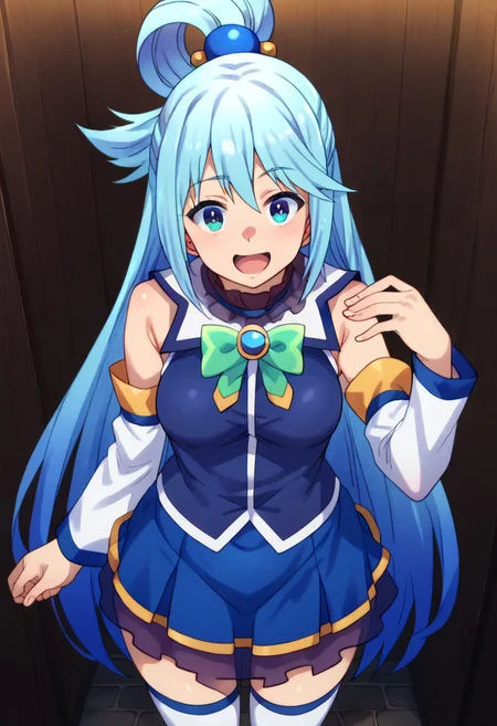 (zPDXL3),
(zPDXLxxx),
score_9, score_8_up, score_7_up,
1girl,
solo,
aqua \(konosuba\), long hair, blue eyes, hair ornament, very long hair, blue hair, hair rings, single hair ring, hair bobbles,
skirt, shirt, thighhighs, bare shoulders, detached sleeves, white thighhighs, blue skirt, blue shirt, green bow,
from above,
joy,
open_mouth,
looking_at_viewer,
arm_up,