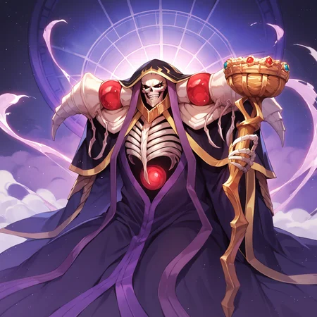 score_9, score_8_up, score_7_up, score_6_up, source_anime, best quality, masterpiece, colorful, very aesthetic, anime, BREAK <lora:Ainz_Ooal_Gown:1> ainz ooal gown, skeleton, lich, dark robe, red dot eyes, overlord, so-bin style, teeth, hood, magic, enchanted, guild staff, golden staff with snakes and jewels, holding staff