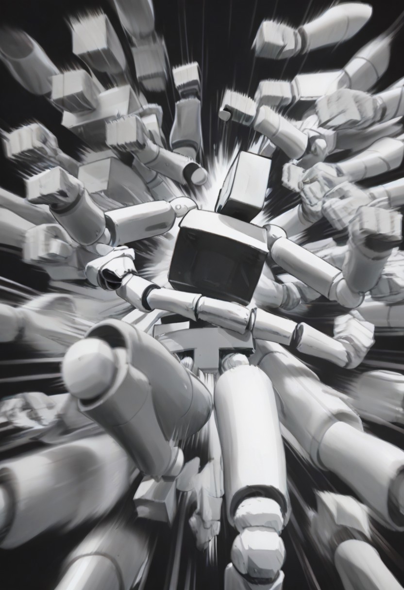 Score_9, score_8_up, score_7_up, BoxPerson, monochrome, greyscale, no humans, robot, mecha, humanoid robot, rushpunch,punching,multiple hands,fists,clenched fists,(motion_blur:1.2),(motion line:1.1),speed_lines