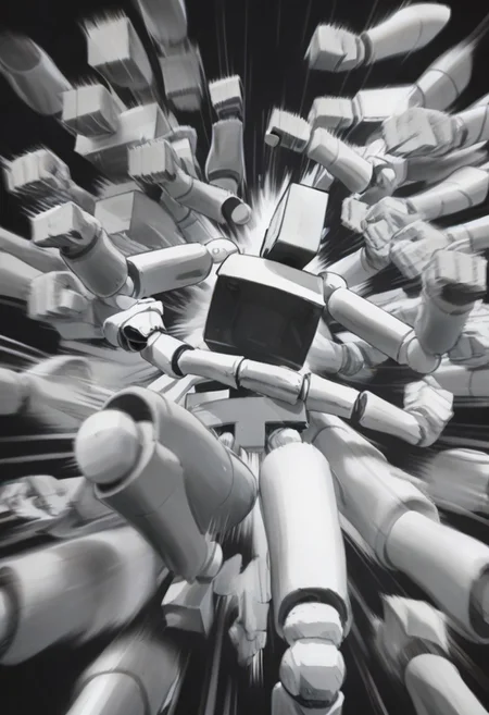 Score_9, score_8_up, score_7_up, BoxPerson, monochrome, greyscale, no humans, robot, mecha, humanoid robot, rushpunch,punching,multiple hands,fists,clenched fists,(motion_blur:1.2),(motion line:1.1),speed_lines