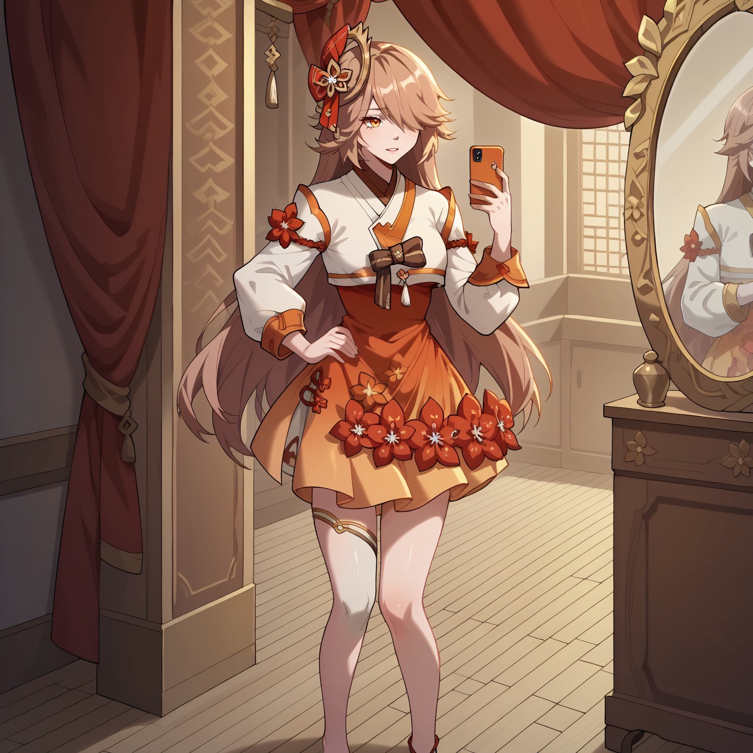 safe_pos, Expressiveh,1girl, solo, 
sines, yellow eyes, long hair, brown hair, hair between eyes, hair over one eye, hair ornament, jewelry, flower, long sleevess, orange skirt, dress, korean clothes, japanese clothes, single thighhigh, barefoot, anklet
, mirror, room, standing, holding phone, selfie, solo, hand on own hip, score_9, score_7_up,anime coloring ,source_anime, anime, anime screencap, 