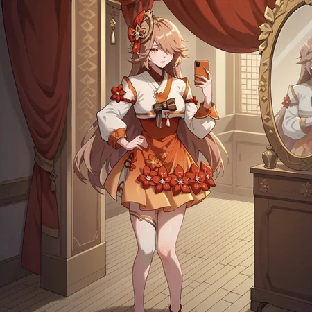safe_pos, Expressiveh,1girl, solo,
sines, yellow eyes, long hair, brown hair, hair between eyes, hair over one eye, hair ornament, jewelry, flower, long sleevess, orange skirt, dress, korean clothes, japanese clothes, single thighhigh, barefoot, anklet
, mirror, room, standing, holding phone, selfie, solo, hand on own hip, score_9, score_7_up,anime coloring ,source_anime, anime, anime screencap,