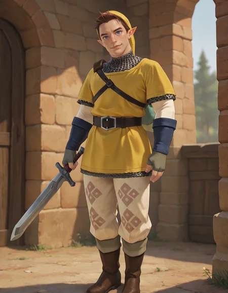 masterpiece, best quality, newest, perfect quality, best quality, detailed background, intricate details, male focus, realistic, <lora:Pipit - Zelda Skyward Sword - Illustrious-000006:0.7> ss_pipit, 1boy, mature male, pointy ears, brown hair, short hair, blue eyes, freckles, yellow hat, yellow tunic, chainmail undershirt, blue fingerless gloves, belt, pants, boots, head tilt, looking at viewer, holding sword