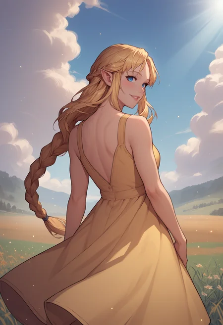 score_9,score_8_up,score_7_up, source_anime, 1girl, solo, <lora:asekr-ponyxl-beta4-10:1> AseKR, pointy ears, long hair, blue eyes, blonde hair, long braid, from behind, from behind, yellow sundress, meadow, field, looking back, looking at viewer, smile, parted lips, sunbeam, radiant, light particles, crepuscular rays, outdoors, blush,