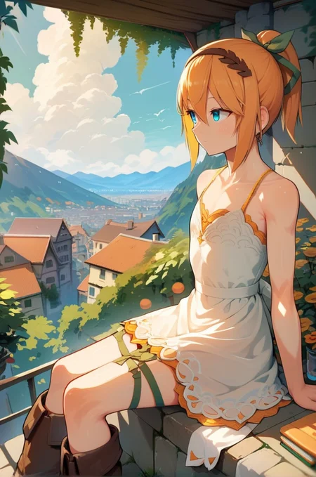 score_9, score_8_up, score_7_up, very aesthetic, source_anime, detailed, high quality, beautiful, masterpiece,
<lora:lightXL:0.8> neolight,scenery, outdoors, village, tree, mountain view, daylight,
cowboy shot, upper body, close up, dynamic angle,
flat chest, looking away, on top of the building, sitting,
<lora:edna_v03:1>
ednadef, short hair, blonde hair, orange hair, high ponytail, blue eyes, hair between eyes, white dress, sleeveless dress, boots, leg ribbon, brown hairband, green hair ribbon,, zPDXL