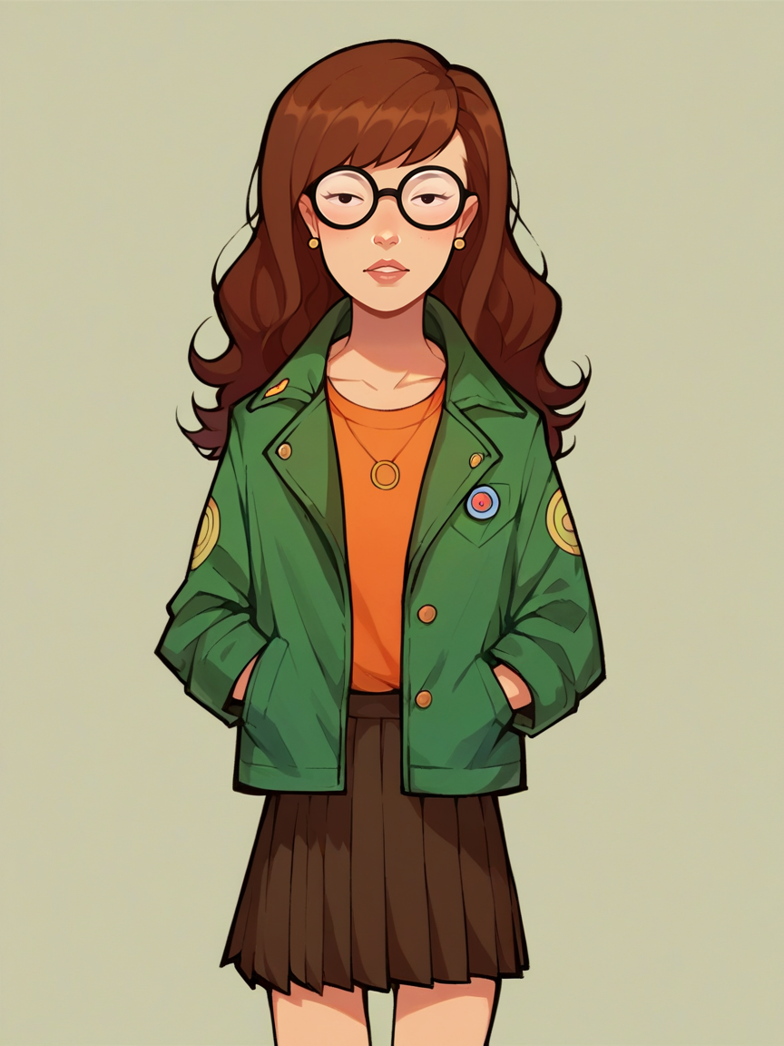 score_9, score_8_up, score_7_up, score_6_up, score_5_up,  source_cartoon, <lora:DariaXLP:1> (daria:1.2), 1girl, brown hair, glasses, jacket, pleated skirt, solo, cel shading
