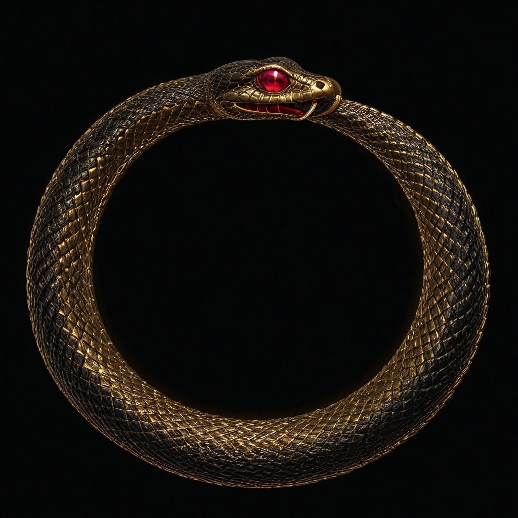 Glowing Snake,Ouroboros, 8k, high resolution, fine quality, high quality, very detailed, photo realistic, snake eating its own tail, snake with its tail in its mouth, snake, solo snake, detailxl, background, snake has a ruby as an eye.