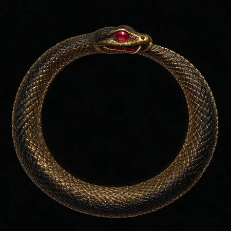 Glowing Snake,Ouroboros, 8k, high resolution, fine quality, high quality, very detailed, photo realistic, snake eating its own tail, snake with its tail in its mouth, snake, solo snake, detailxl, background, snake has a ruby as an eye.