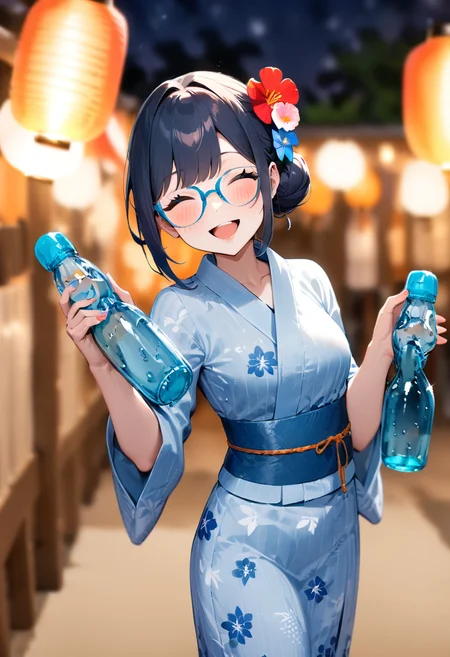masterpiece, best quality, very aesthetic, absurdres,
ramune, food, bottle, 1girl, solo, holding bottle, blurry background, depth of field, holding, glasses, happy, smile, yukata, uchiwa, hair bun, hair ornament, hair flower, paper fan, paper lantern, night, summer,
<lora:ramune_SDXL_V1:1>