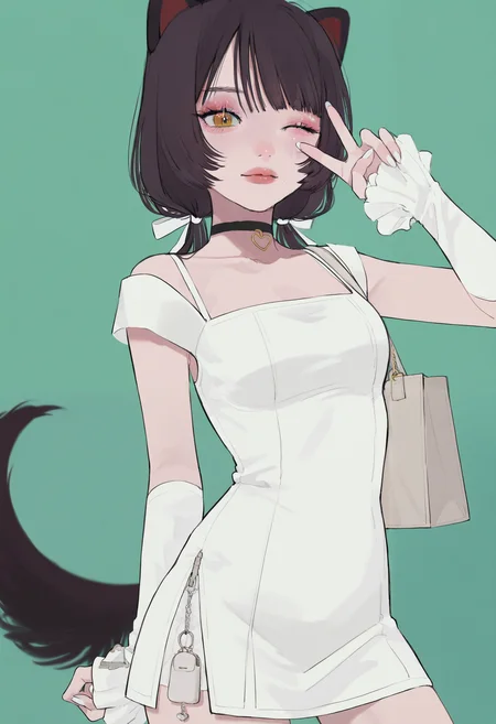 masterpiece, best quality, amazing quality, absurdres, newest, very awa,
1girl, solo, inui toko, virtual youtuber, dog ears, dog tail, brown hair, low twintails, black choker, jewelry, white nails, makeup, mascara, lipstick, long eyelashes, dress, sleeves past wrists, hair ribbon,
standing, bag over shoulder, arm up, v, one eye closed,
green background,
<lora:tami_moon:1>
<lora:spo_sdxl_10ep_4k-data_lora_webui:0.75>,