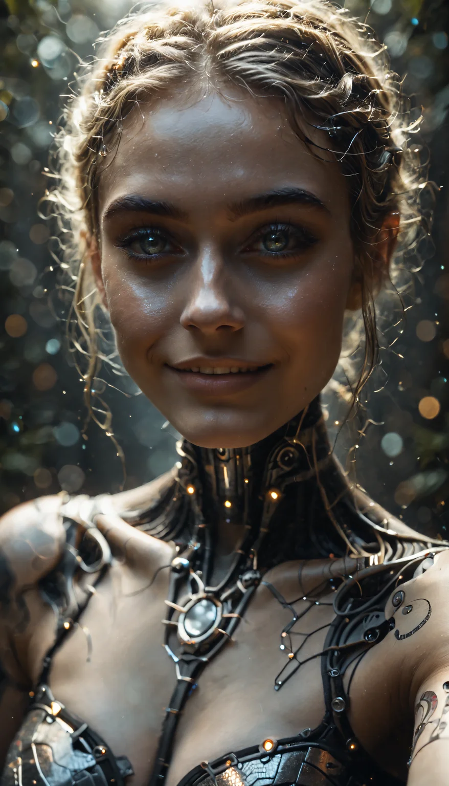 (Score_9, Score_8_up, Score_7_up), 32K, low light, (desaturated:1.6), close-up portrait, (selfie), f/1.8, bokeh, vignetting, photo of a 24 year old adult woman, (thin eyebrows, perky lips), (detailed grey eyes), ((blonde hair)), (black hair, multi-colored hair), smiling, pale skin, ((BioMetallicBeauties)), cyberpunk, ((solo)), bionic implant left eye, cybernetic left eye, cleavage, big black metallic choker with black wires connecting behind her ear, tiny (particles:1.4) light up in the soft evening light, sharpen