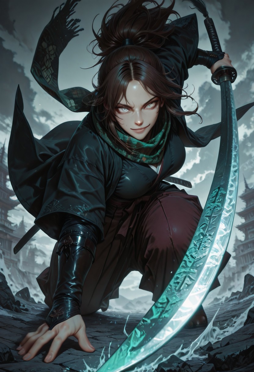 masterpiece, best quality,high quality, newest, highres,8K,HDR,absurdres, 1girl, mature female, solo, ponytail, long dark brown hair, glowing grey eyes, slit pupils, sexy smile expression, black and green checker patterned scarf, black kimono, haori, hakama pants, katana, samurai fantasy battlefield, stormy sky, dynamic pose, intense lighting, detailed background, depth of field, dynamic composition, foreshortening, detailed background, dynamic pose, dynamic composition,dutch angle, detailed backgroud,foreshortening,blurry edges <lora:iLLMythG0thicL1nes:1> G0thicL1nes