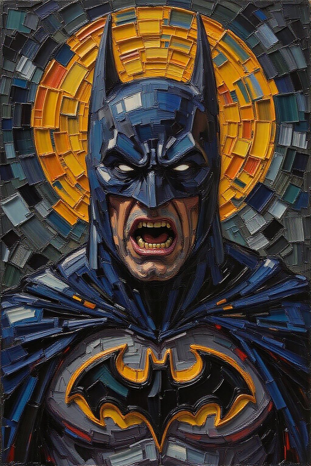 impasto oil painting. Batman shouting angrily. Background is the bat signal on a dark night sky.  <lora:impasto5_nocap_d6a3:1.0> <lora:Flux-Sch-SingleBlocks-BF16:1.0><lora:803878776988760482:0>
