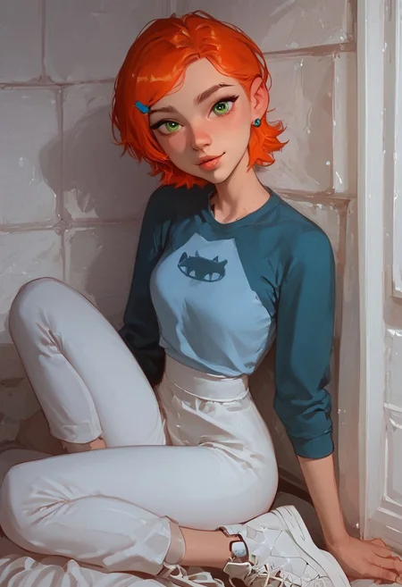 score_9, score_8_up, score_7_up, score_6_up,1girl, gwen_tennyson, orange hair, short hair, green eyes, hairclip, stud earrings, blue shirt, raglan sleeves, white pants, white sneakers,,thin waist,looking at viewer, cute face, Expressiveh
