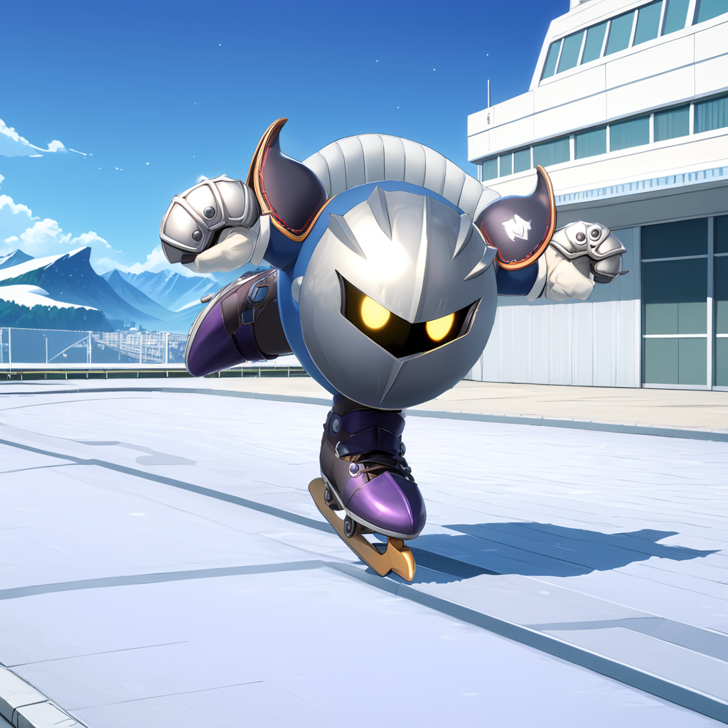 MetaknightXL pose <lora:MetaknightXL:1>, [skates], (anime, masterpiece, intricate:1.3), (best quality, hires textures, high detail:1.2), (4k),(incredibly detailed:1.4),UHD, 8K, ultra detailed