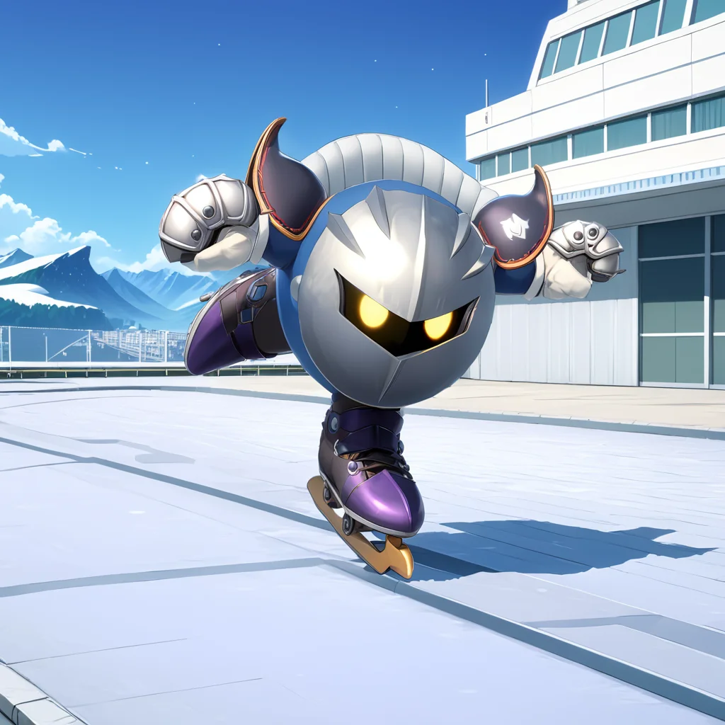 MetaknightXL pose <lora:MetaknightXL:1>, [skates], (anime, masterpiece, intricate:1.3), (best quality, hires textures, high detail:1.2), (4k),(incredibly detailed:1.4),UHD, 8K, ultra detailed