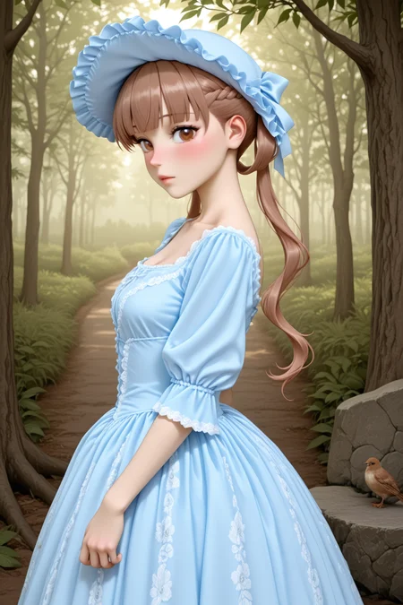 masterpiece, best quality, amazing quality, 1girl, solo, makeup, general, looking at viewer, blush, cowboy shot, forest, morning, lovely, bird, stone, from side, outdoors, <lora:Sugar_Apple_Fairy_Tale_Anne_Halford:0.8>, Sugar_Apple_Fairy_Tale_Anne_Halford, long hair, brown hair, twintails, hair ribbon, hair rings, braid, blunt bangs, brown eyes, breasts, <lora:Blue_Rococo_Style_Vintage_Masquerade_Dress:1>, Blue_Rococo_Style_Vintage_Masquerade_Dress, (white dress, blue dress), gown, long dress, blue headwear, bonnet, frills, lace trim, lace, short sleeves, puffy sleeves, floral print, <lora:wai-2Rectified-V140:1>, <lora:illustrious_noobai_epsilon_pred_1_masterpieces_v1:1>