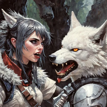 profile right, Photorealistic art of a wolf girl dressed in adventuring gear with a white wolf in the background, mouth closed, wisosdxl, wolf, snarl, snarling, intense gaze, tongue out, black, white, basilwolverton style, grotesque, spaghetti hair, bulging eyes, skin folds, veins, large teeth, bloodshot eyes, mad-stpk-ggls, mad-stpk-flcp, mad-stpk-ht, mad-mecharm, John Berkey Style page, KIRIGAMI page, linquivera, liiv1, g1g3r