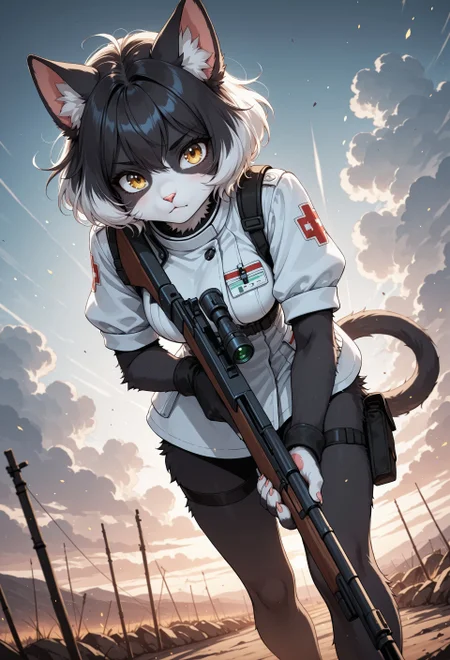 score_9, score_8_up, score_7_up, screencap, (solo), sfw BREAK 1girl, ErwinWA, furry, anthro, feline, white and black fur, short hair, animal ears, cat tail, medic uniform, Erwinhair, yellow eyes, holding a rifle BREAK on the battlefield, head leans forward, extremely detailed, cinematic soft lighting, tranquil setting, running, epic lighting, dim light, detailed background, sharp focus, extremely detailed, high detail, dynamic angle, dynamic pose