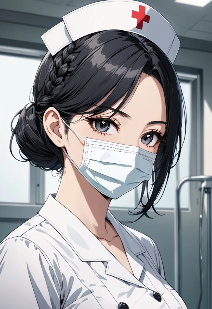 gorgeous lips, cinematic, (masterpiece), (best quality), (ultra-detailed), very aesthetic, perfect composition, intricate details, absurdres, detailed face, (anime, masterpiece, intricate:1.3), (best quality, hires textures, high detail:1.2), (4k),(incredibly detailed:1.4) 
 graceful face, slim, big breasts, constricted waist, nice body, lips, arrogant look, villain, 1woman, evilish smile, high pointed nose, (nostrils:1.3), neatly, 22-year-old woman, gray shirt soaked, pale skin, black eyes, bob hair, black hair, evil look,
konomi baba (million live); single braid, side braid, hair over shoulder, (best quality), (high quality), {masterpiece}, perfect hands, extremely delicate and beautiful, ultra-detailed, beautiful detailed eyes, nurse, nurse hat, ((white nurse's outfit)), white legwear, zettai ryouiki, hospital room, ((white surgical mask)), covered nose, standing