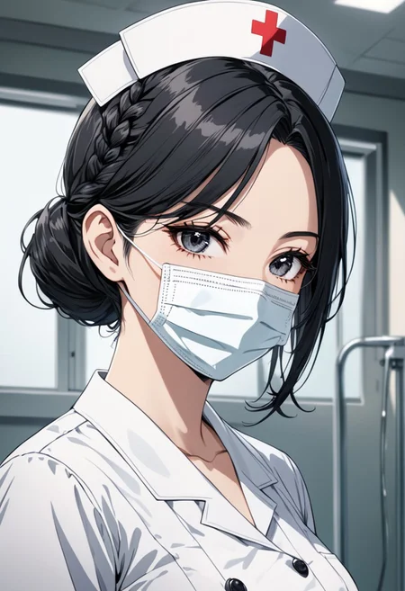 gorgeous lips, cinematic, (masterpiece), (best quality), (ultra-detailed), very aesthetic, perfect composition, intricate details, absurdres, detailed face, (anime, masterpiece, intricate:1.3), (best quality, hires textures, high detail:1.2), (4k),(incredibly detailed:1.4)
graceful face, slim, big breasts, constricted waist, nice body, lips, arrogant look, villain, 1woman, evilish smile, high pointed nose, (nostrils:1.3), neatly, 22-year-old woman, gray shirt soaked, pale skin, black eyes, bob hair, black hair, evil look,
konomi baba (million live); single braid, side braid, hair over shoulder, (best quality), (high quality), {masterpiece}, perfect hands, extremely delicate and beautiful, ultra-detailed, beautiful detailed eyes, nurse, nurse hat, ((white nurse's outfit)), white legwear, zettai ryouiki, hospital room, ((white surgical mask)), covered nose, standing