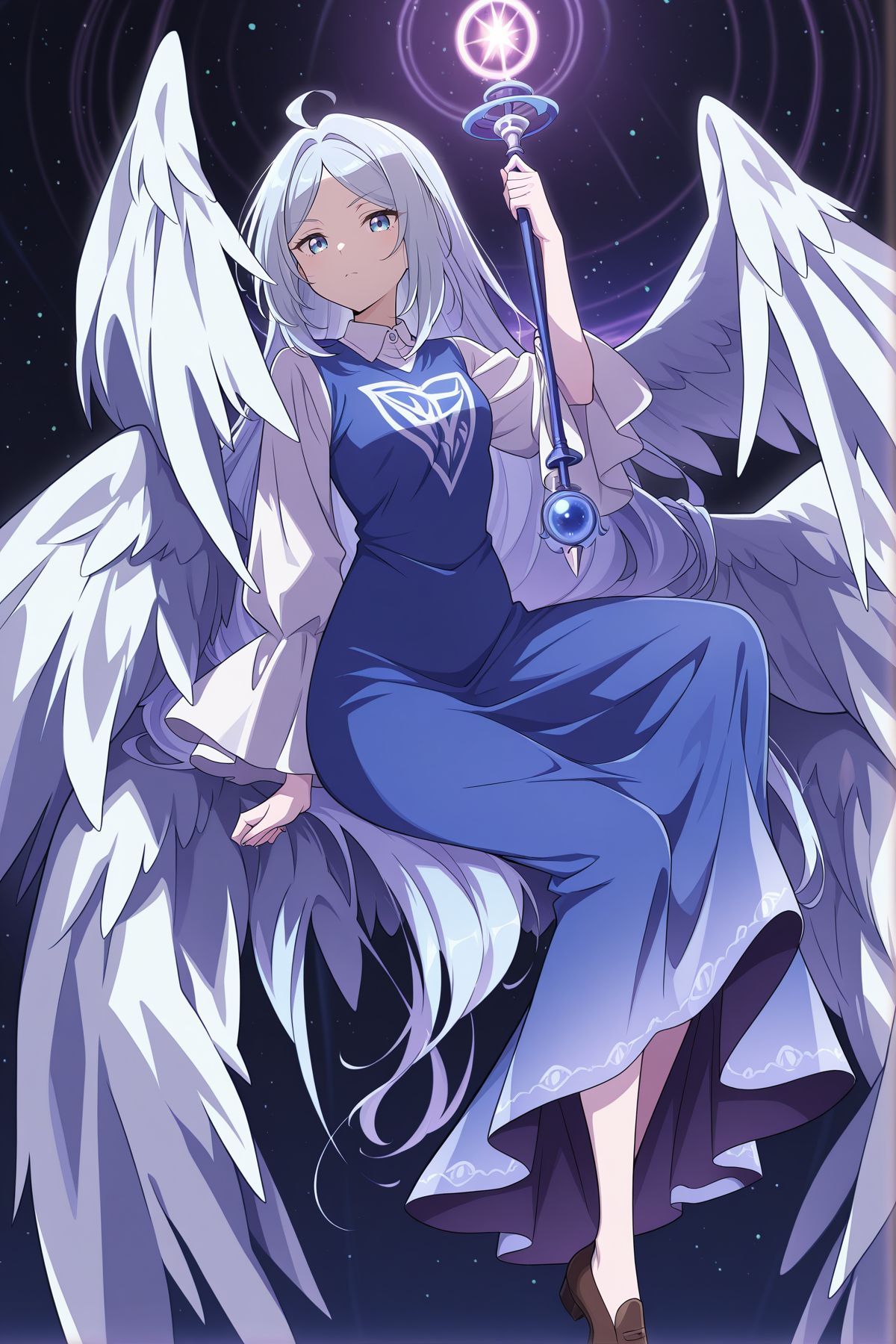 absurdres, highres, masterpiece, best quality, amazing quality, official anime artwork, screencap, anime screencap, looking at viewer, night, space, flying, 
 <lora:Sariel_Illustrious:1> sariel, 1girl, solo, blue eyes, blue hair, absurdly long hair, parted bangs, ahoge, small breasts, angel wings, multiple wings,, blue dress, long dress, white shirt, collared shirt, white sleeves, puffy long sleeves, wide sleeves, scepter,
spark, serious, dynamic pose, floatin hair, magic circle, danmaku,