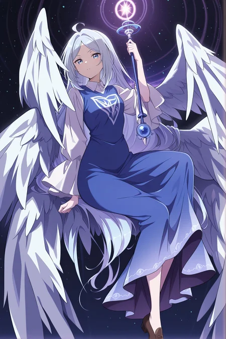 absurdres, highres, masterpiece, best quality, amazing quality, official anime artwork, screencap, anime screencap, looking at viewer, night, space, flying, 
 <lora:Sariel_Illustrious:1> sariel, 1girl, solo, blue eyes, blue hair, absurdly long hair, parted bangs, ahoge, small breasts, angel wings, multiple wings,, blue dress, long dress, white shirt, collared shirt, white sleeves, puffy long sleeves, wide sleeves, scepter,
spark, serious, dynamic pose, floatin hair, magic circle, danmaku,