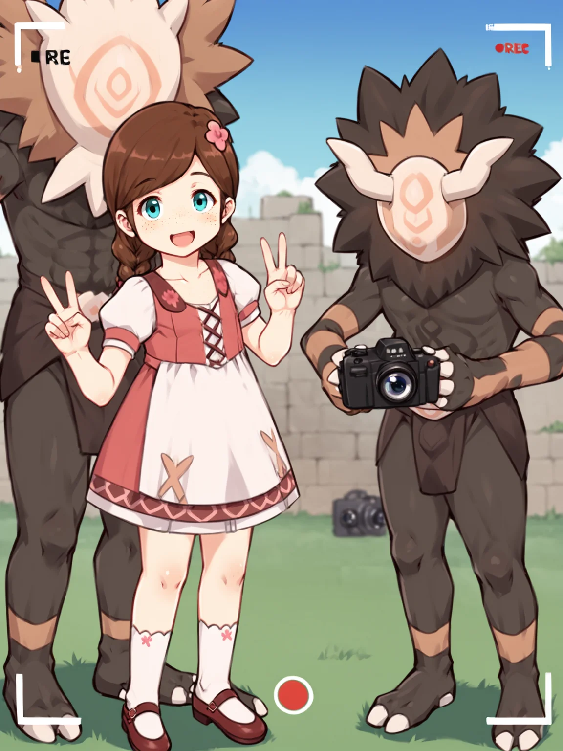 score_9, score_8_up, score_7_up, score_6_up, score_5_up, source_anime BREAK
<lora:Genshin_NPC_EllaMusk_Pony_v1:0.9>, 1girl, 1boy, solo, full body, (ruins, blue sky, grassy field:1.3), running, (hilichurl:2), wearing loincloth, holding hands, teal eyes, brown hair, swept bangs, twin braids, (hair flower, hair ornament:1), collarbone, pink dress, flower pattern, short sleeves, white sleeves, (white apron:1.1), puffy sleeves, white socks, bobby socks, brown footwear, (mary janes:1.5), (freckles on cheeks and nose:1.3), (tareme:1.5), smiling, happy, from side, (looking at viewer, looking at camera:1.5), (size difference:1.3), open mouth, (peace sign, camera view:1.5)