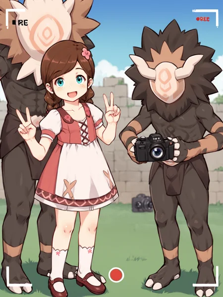 score_9, score_8_up, score_7_up, score_6_up, score_5_up, source_anime BREAK
<lora:Genshin_NPC_EllaMusk_Pony_v1:0.9>, 1girl, 1boy, solo, full body, (ruins, blue sky, grassy field:1.3), running, (hilichurl:2), wearing loincloth, holding hands, teal eyes, brown hair, swept bangs, twin braids, (hair flower, hair ornament:1), collarbone, pink dress, flower pattern, short sleeves, white sleeves, (white apron:1.1), puffy sleeves, white socks, bobby socks, brown footwear, (mary janes:1.5), (freckles on cheeks and nose:1.3), (tareme:1.5), smiling, happy, from side, (looking at viewer, looking at camera:1.5), (size difference:1.3), open mouth, (peace sign, camera view:1.5)