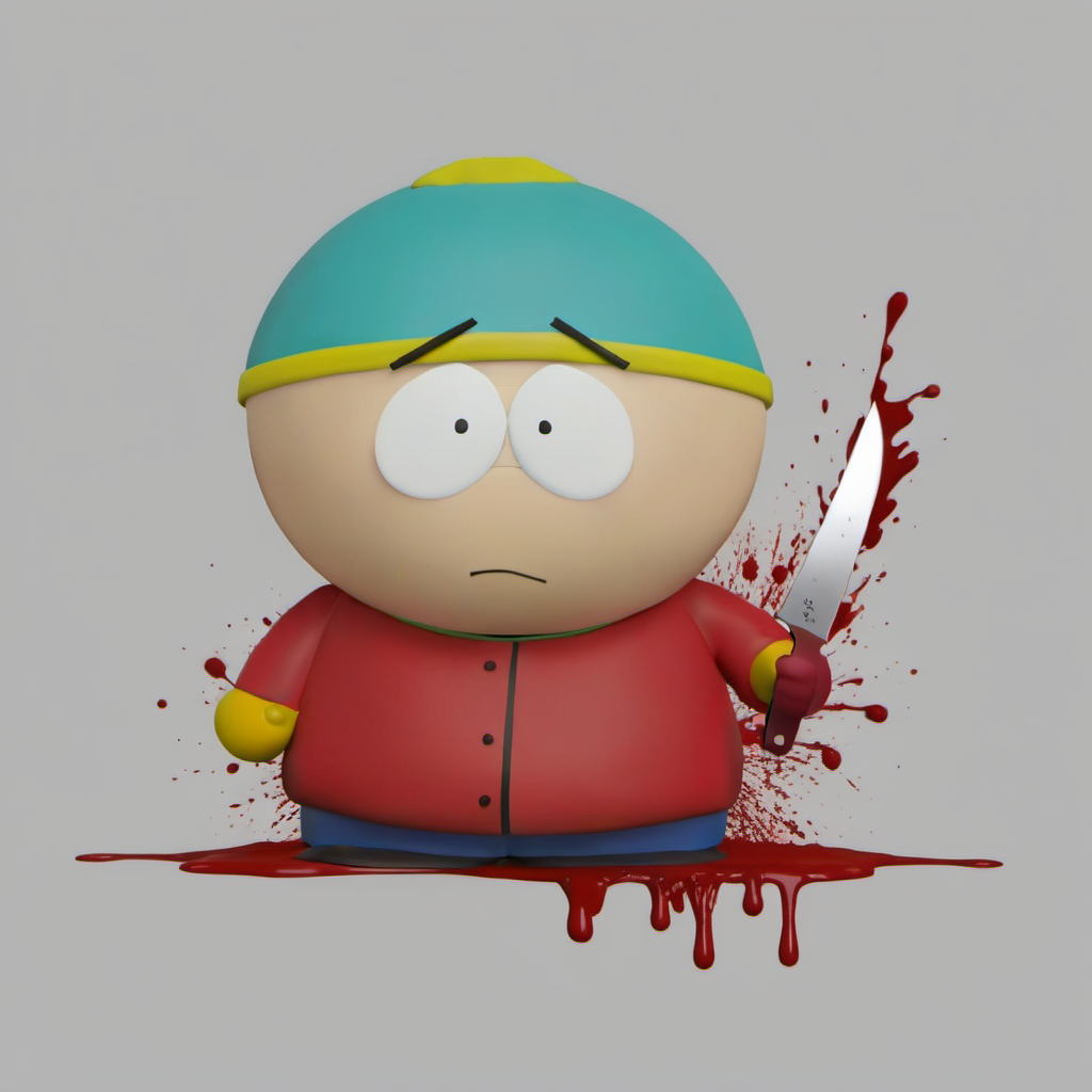 cartman holds a knife, horro scene, blood splashes <lora:SouthPark3D1024-000315:0.8>