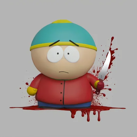 cartman holds a knife, horro scene, blood splashes <lora:SouthPark3D1024-000315:0.8>
