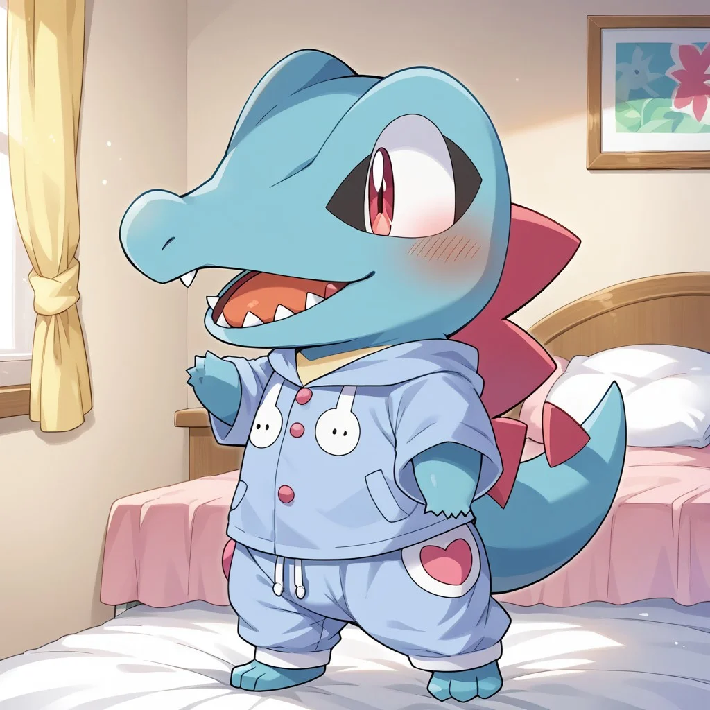 score_9, score_8_up, score_7_up, source_anime, source_furry,rating_explicit,bedroom,indoors,BREAK ,chibi,
solo,totodile, pokemon (creature),female,
clothing,pink clothing,jyojifuku, pajamas, hood,baggy pajama pants,
white pajama pants,