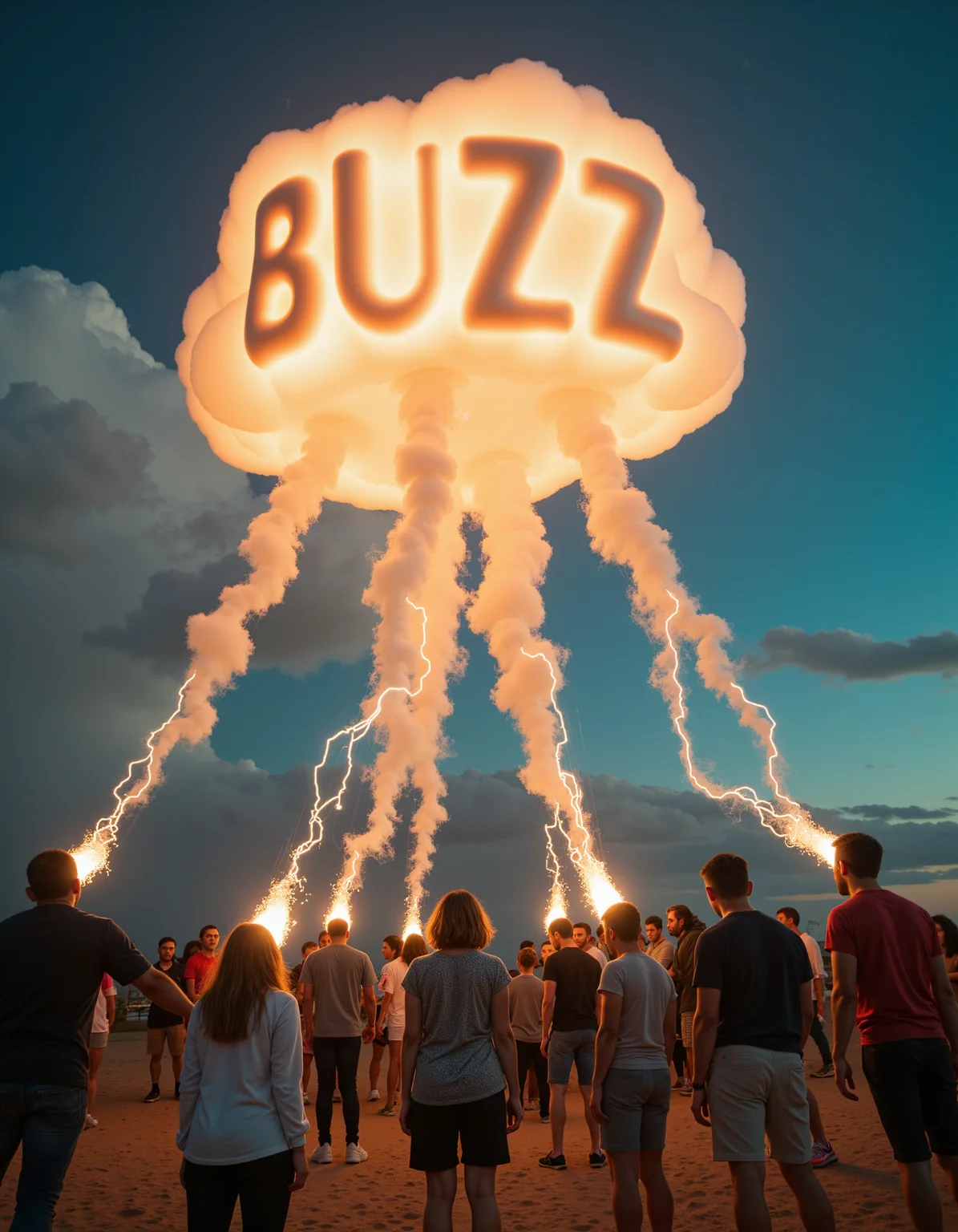 A glowing cloudlike entity whirling in the sky with the word "BUZZ" written in large smokey letters. From this entitiy electric tendrils are extended down and out into the heads of a small group of people on the planet surface as though they are being powered by the entity. All are connected to it. The scene has been captured with an amazing 8k photograph that is packed with fine details in this awesome epic moment. The people are a mix of regular male and female individuals of different age groups, they are all wearing clothes of varying types to cover their bodies