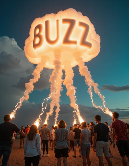 A glowing cloudlike entity whirling in the sky with the word "BUZZ" written in large smokey letters. From this entitiy electric tendrils are extended down and out into the heads of a small group of people on the planet surface as though they are being powered by the entity. All are connected to it. The scene has been captured with an amazing 8k photograph that is packed with fine details in this awesome epic moment. The people are a mix of regular male and female individuals of different age groups, they are all wearing clothes of varying types to cover their bodies