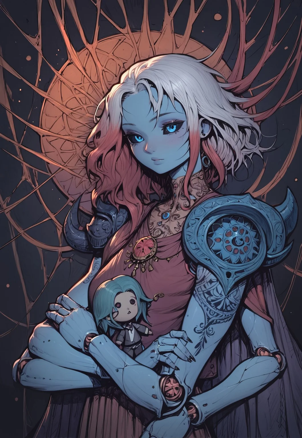 zPDXL3 , sfw, score_9 , score_8 , score_7 , score_6_up , highly detailed , high quality , high res , masterpiece, quality highlights, 8k detail, ultra-detailed, concept , abstract ,
1 girl , solo , asura , blue skin , red tattoos , runic tattoos , celtic tattoos , (6 arms , doll arms , doll joints , ball joints) , arms tattoos , aura , blue eye , black sclera ,