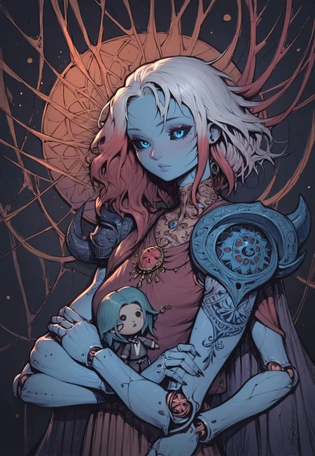 zPDXL3 , sfw, score_9 , score_8 , score_7 , score_6_up , highly detailed , high quality , high res , masterpiece, quality highlights, 8k detail, ultra-detailed, concept , abstract ,
1 girl , solo , asura , blue skin , red tattoos , runic tattoos , celtic tattoos , (6 arms , doll arms , doll joints , ball joints) , arms tattoos , aura , blue eye , black sclera ,